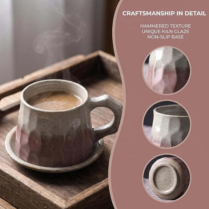 Vintage Faceted Speckled Ceramic Coffee Mug with Saucer, Rustic Stoneware Cup for Tea Latte (YF-CS02)