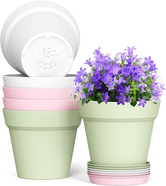 WSMKSZ 5 Inch Plastic Plant Pots with Drainage Holes and Trays – 6 Pack Small Nursery Pots for Indoor & Outdoor House Plants and Flowers, Seedling Starter Planters, Colorful