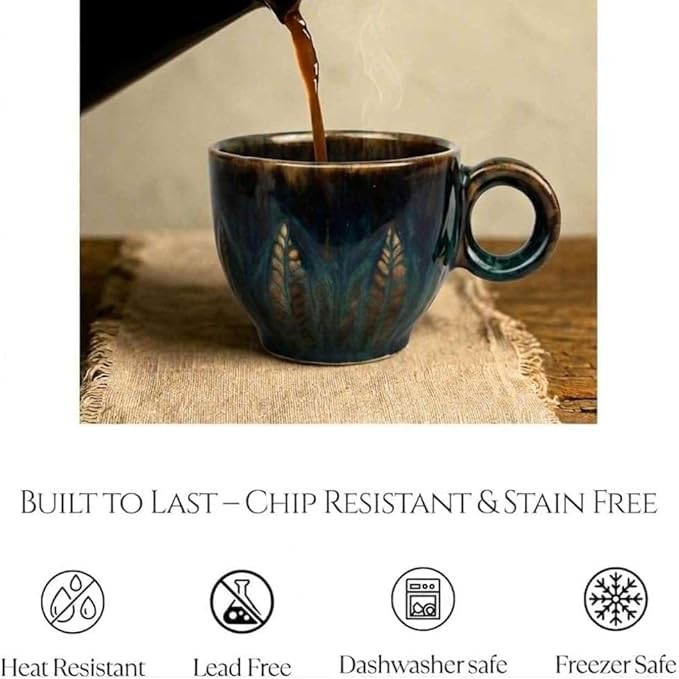 Ceramic Espresso Cup 5 oz, Stoneware Demitasse Coffee Mug with Handle, Artisan Reactive Glaze Texture, Small Latte Cappuccino Tea Cup, Microwave & Dishwasher Safe, Teal Brown, Pack of 4