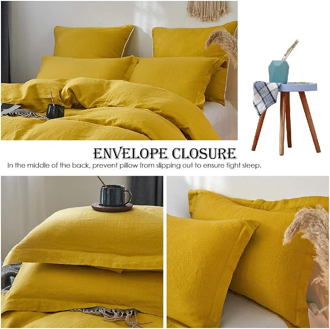 Simple&Opulence 100% Linen Duvet Cover Set 3pcs Basic Style Natural French Washed Flax Solid Color Soft Breathable Farmhouse Bedding with Button Closure - Mustard Yellow, Queen