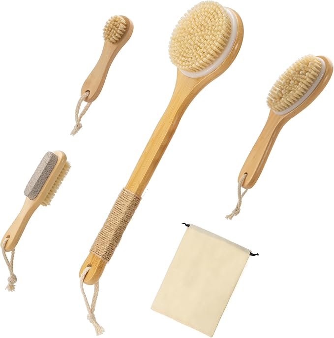 5 Packs Dry Brushing Body Brush Set for Lymphatic Drainage, Cellulite Massager and Scalp Care, Long Handle Dry Brush for Body, Natural Boar Bristle Body Brush Exfoliator