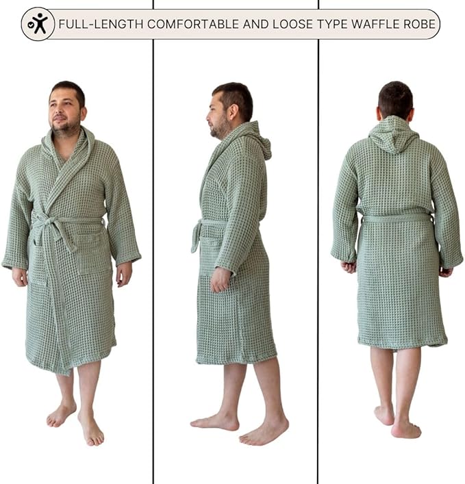 Unisex Hooded Waffle Robe for Women & Men 100% Turkish Cotton | Quick-Dry Bathrobe | Cozy Housecoat for Lounging