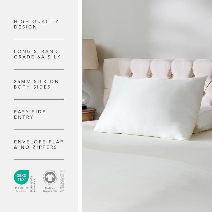 Fishers Finery 25mm 100% Certified Organic Mulberry Silk Pillowcase (Natural Undyed White, Q, 2PK)