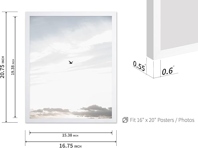 Monem Art Minimalist Bird in Sky Photography Print - Moody Nordic Landscape Art Poster - Wall Decor for Living Room, Bedroom or Office - 16x20 White Framed Wall Art by Mareike Bohmer