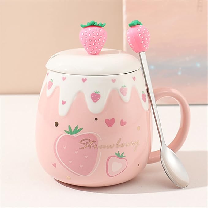 Coffee Mug Cups Ceramic Tea Cup Fruits Strawberry Shaped Handmade Cute Mugs With Lid Spoon Handle Office Home Hot Ice Chocolate Milk Mugs Gifts Microwave Dishwasher Safe Travel Mugs (Pink)