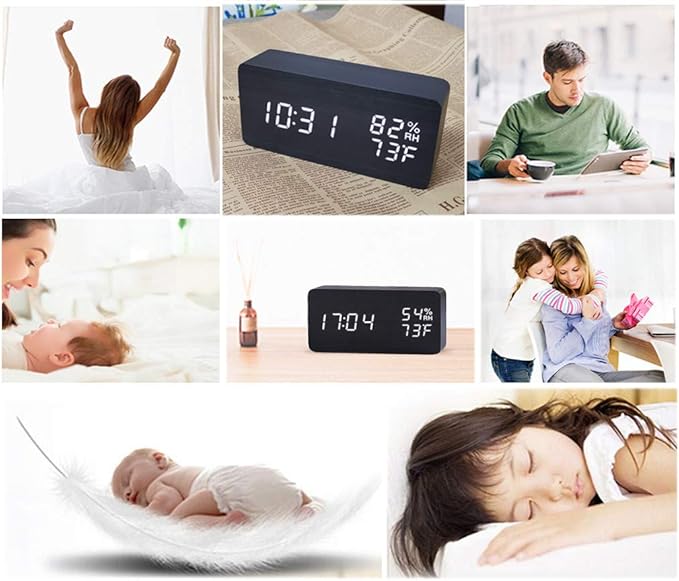Wooden Digital Alarm Clock Modern Wood Snooze Clock Electronic Desk Clock LED Display Time Temperature Humidity Voice Control 3 Alarms 3 Brightness for Home Kids Bedroom Office Raercodia (Black,White)