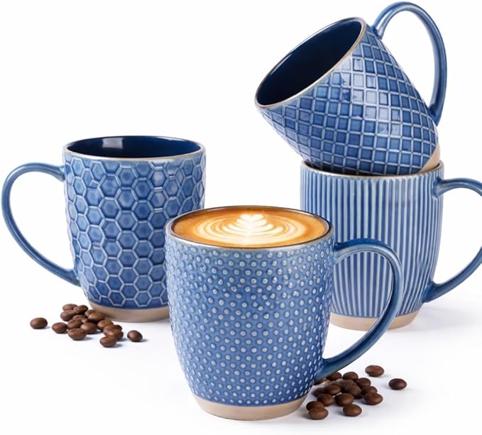 GBhome Large Coffee Mugs Set of 4, 16oz Handmade Embossed Coffee Mugs Set with Large Handle for Cappuccino/Latte/Tea/Hot Cocoa, Dishwasher & Microwave Safe, Blue