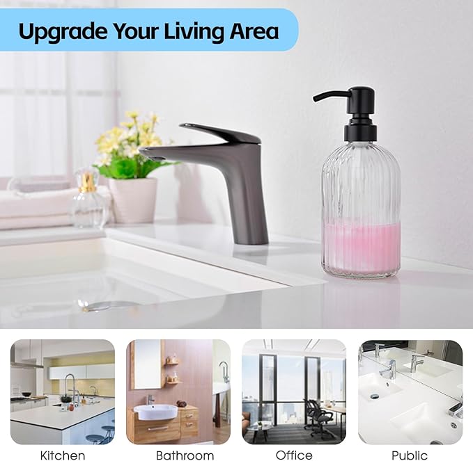 16Oz Bathroom Glass Soap Dispenser with Black Rust Proof Pump,Premium Kitchen Soap Dispenser with Vertical Stripe, Lotion Dish Dispenser for Modern Home Decor, Countertop, Hotel