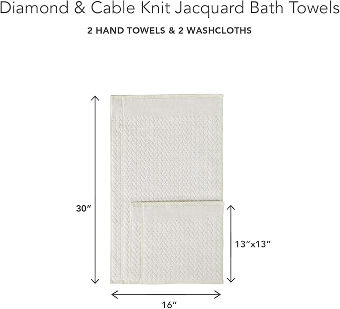 Texere 100% Organic Cotton Cable Jacquard 650 GSM Luxury Towel Sets - Ultra Soft and Absorbent Hotel and Spa Quality (Cable, Birch, 2 Hand & 2 Wash Towels)