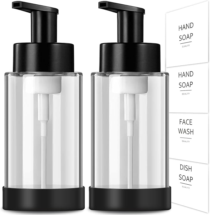 RYTOXILO Foaming Soap Dispenser, 10 oz/300ml Foaming Hand Soap Dispenser, 2 Pack Glass Dispenser with 2 Non-Slip Silicone Bottom Sleeve, Refillable Foam Dispenser for Bathroom & Kitchen
