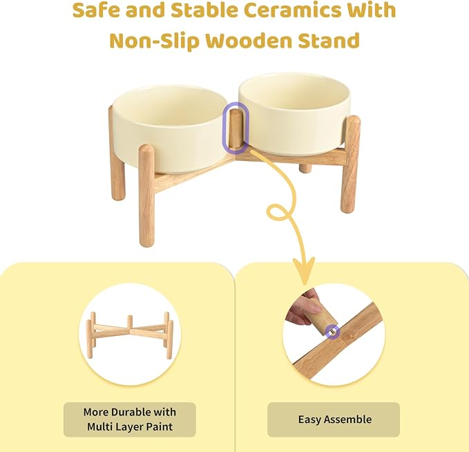 SPUNKYJUNKY Ceramics Elevated Dog Bowls with Wooden Stand - Raised Double 60OZ Cream White Bowls for Medium Large Dogs