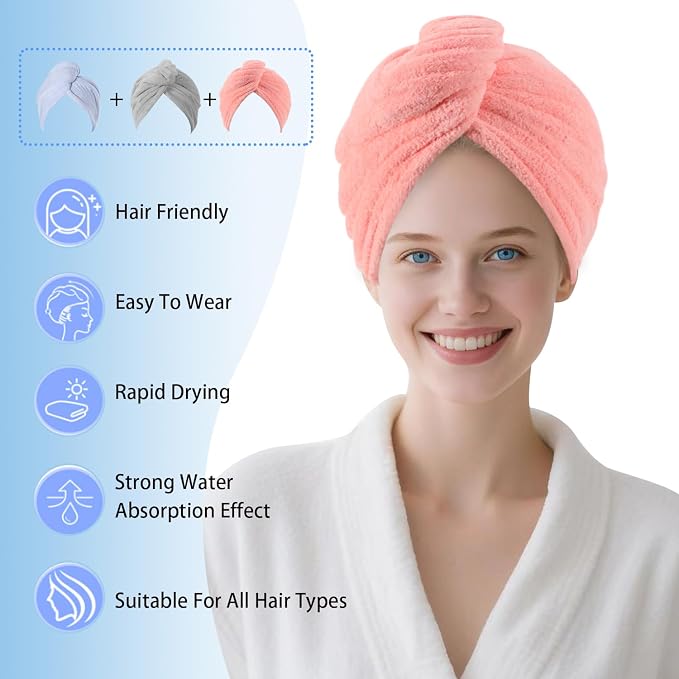 3 Packs Single Layer Microfiber Hair Drying Towel Wrap for Women, Hair Turbans Towel for Wet Hair,turbie Twist Hair Towels（Gray Color + Pink Color + Light Blue Color