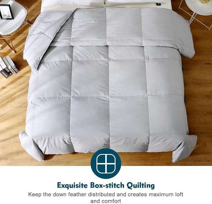 Gray Feathers Down Comforter Full/Queen - 100% Organic Cotton Cover, Medium Warm All Seasons Machine Washable Duvet Insert with Tabs (90x90, Mirage Grey)