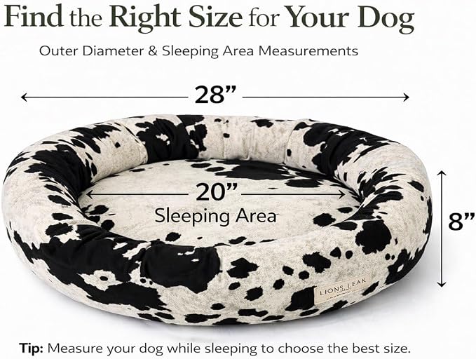 Round Dog Bed – Natural Canvas, Removable Washable Cover, Raw Cotton or Latex Fill, Hypoallergenic Non-Toxic, Made in USA (Cow Print Black White, Medium, Firm Support – Raw Cotton)