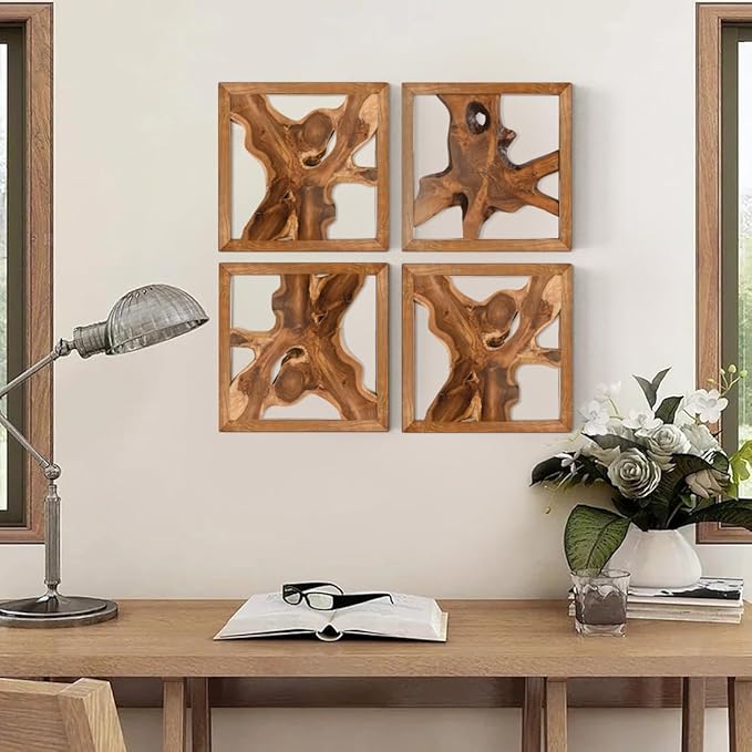 JOLLYMER Teak Wood Wall Decor, Rustic Wooden Wall Art, Handcrafted Home Decoration for Living Room Bedroom Office, 17"x17" Natural Frame