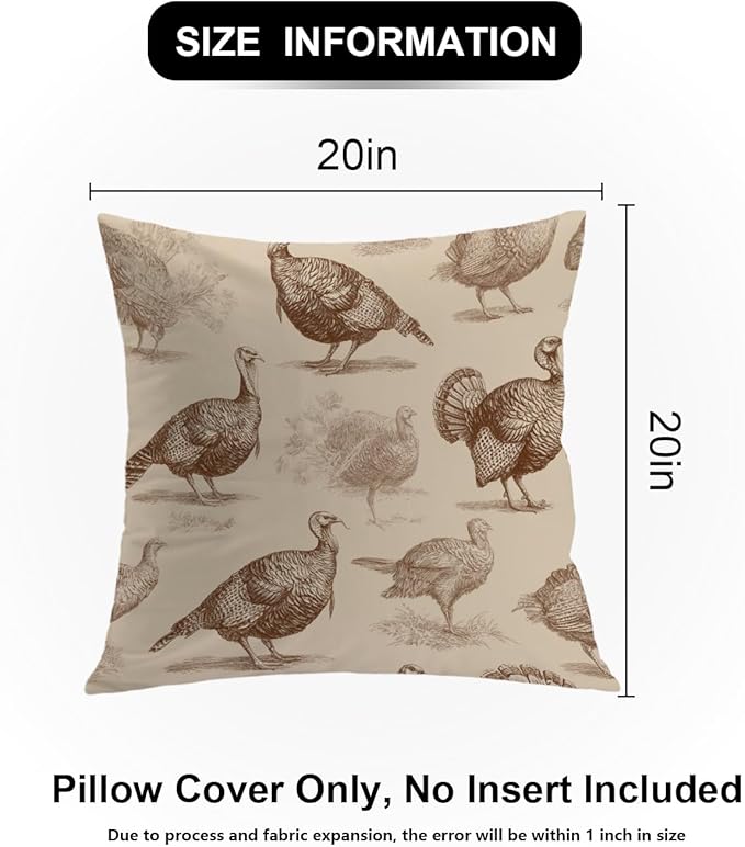 Shrahala Wild Turkeys Decorative Throw Pillow Cover, Vintage Turkey Illustration Square Pillowcase Blended Double-Sided No Inserts for Bedroom Living Room Set of 2 (20 x 20 in)