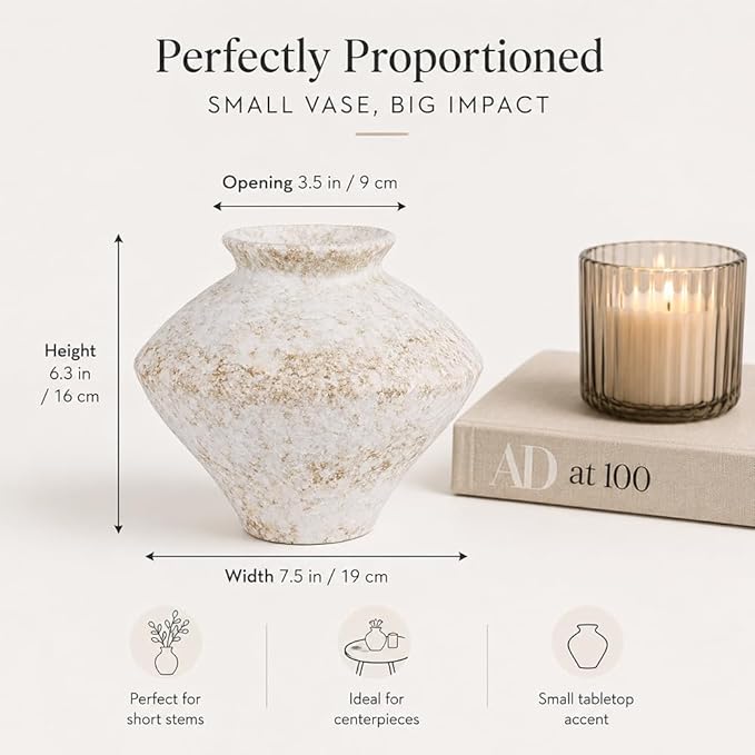 Small Wabi Sabi White Vintage Ceramic Vase, 6.3" Rustic Pottery Vase for Centerpieces, Textured Decorative Flower Vases for Table, Living Room, Bedroom, Bathroom, Kitchen, Farmhouse Home Decor Gifts