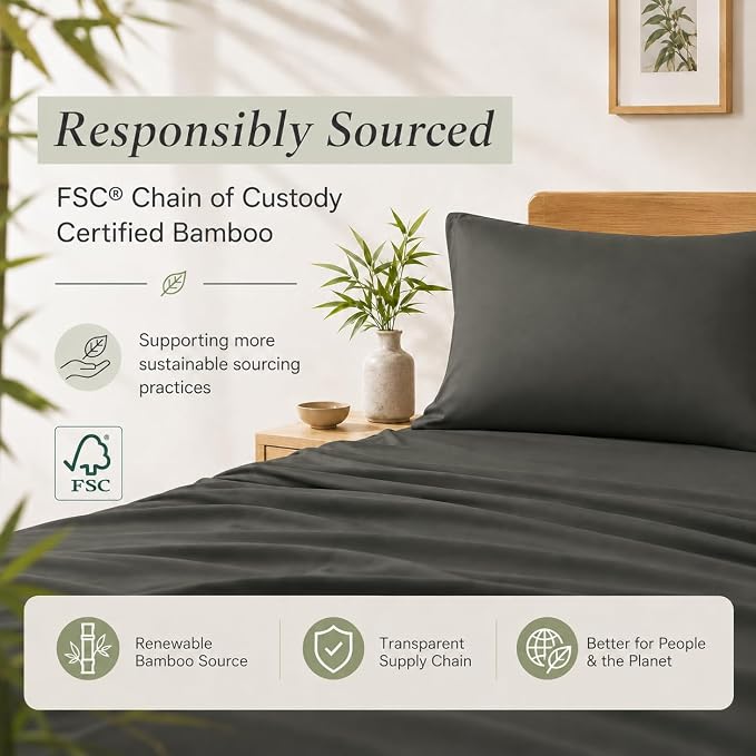 TOSMO Luxury Pillow Case Set of 2 - Cooling Viscose Derived from Bamboo, Oeko-TEX, Breathabl Silky Soft Pillow Cases with Envelope Closure (Standard, Charcoal)