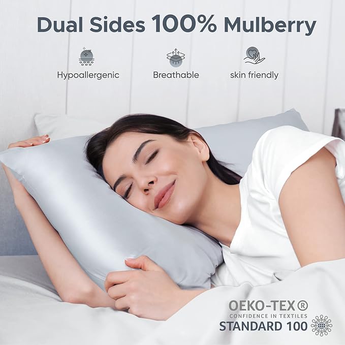 100% Pure Mulberry Silk Pillowcase for Hair and Skin - Allergen Resistant Dual Sides,600 Thread Count Silk Bed Pillow Cases with Hidden Zipper,1pc,King Size,Gray