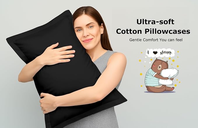 2 Pack Pillow Shams Queen Size 20x30 – 600 Thread Count 100% Organic Cotton Black Pillow Covers with 2 Inch Flange, Soft & Smooth Premium Hotel-Quality Pillowcases Set of 2