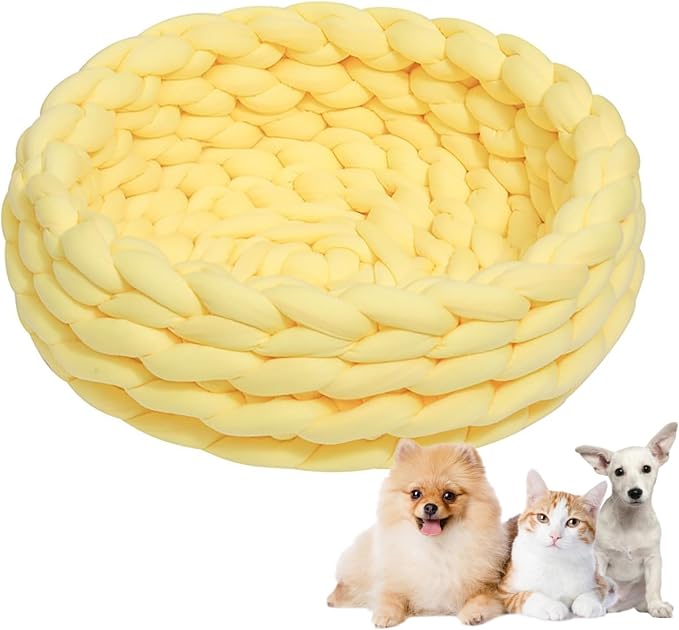 Woven Dog Bed Basket, Knitted Cotton Cat Bed Round Washable Woven Cat Pet Bed Chunky Dog Basket, Orthopedic, Chunky Knit Dog Nest,Dog Bed,Dog Cave,Dog Bedding(Yellow,21")