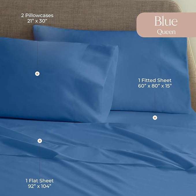 100% Organic Cotton Sheets Queen Size - GOTS Certified Cotton Percale Sheets with Crisp Cool & Breathable Percale Weave Perfect for Hot Sleepers - Durable Luxury 4 Piece Set (Blue, Queen)