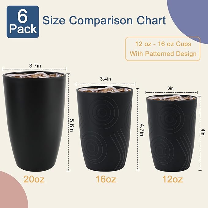 6 Pack Wheat Straw Cups 12 oz, Plastic Cups Reusable Drinking Glasses, Small Kids Cup, Unbreakable Water Tumblers Set Kitchen Cup Dishwasher Safe (Black, Grey)
