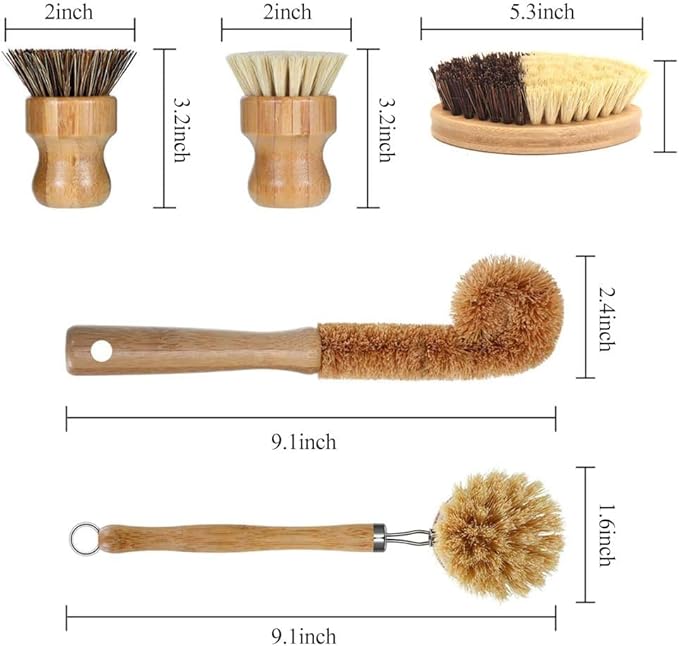 5 Pack Bamboo Dish Brush Set with Flannel Bag, Natural Sisal Bristle Kitchen Scrub Brush, Long Handle Bottle Brush and Dish Scrubber for Cleaning Pots Pans Cast Iron Vegetables Sink