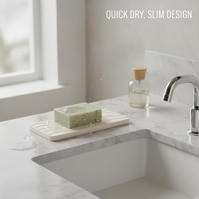 Diatomaceous Earth Soap Dish, Rectangular Stone Bar Soap Holder for Bathroom Sink & Shower, Absorbent Tray (8.7 x 3.5 Inch)