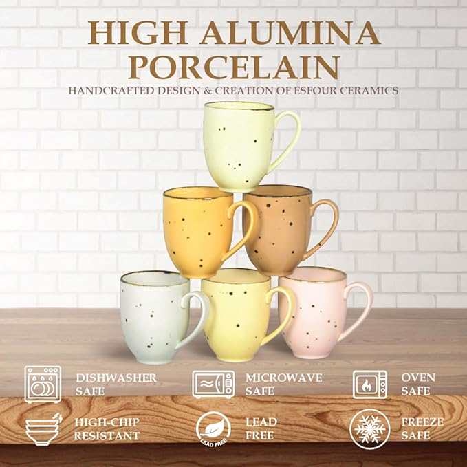 Esfour Ceramics Coffee Mugs Set Of 6, 14 Oz Large Handle Heavy Duty Cups - Microwave Dishwasher Safe - Latte, Cappuccino, Tea, Cocoa, Mocha - Men, Women, Home Office Daily Use, Blossom Assorted Colors