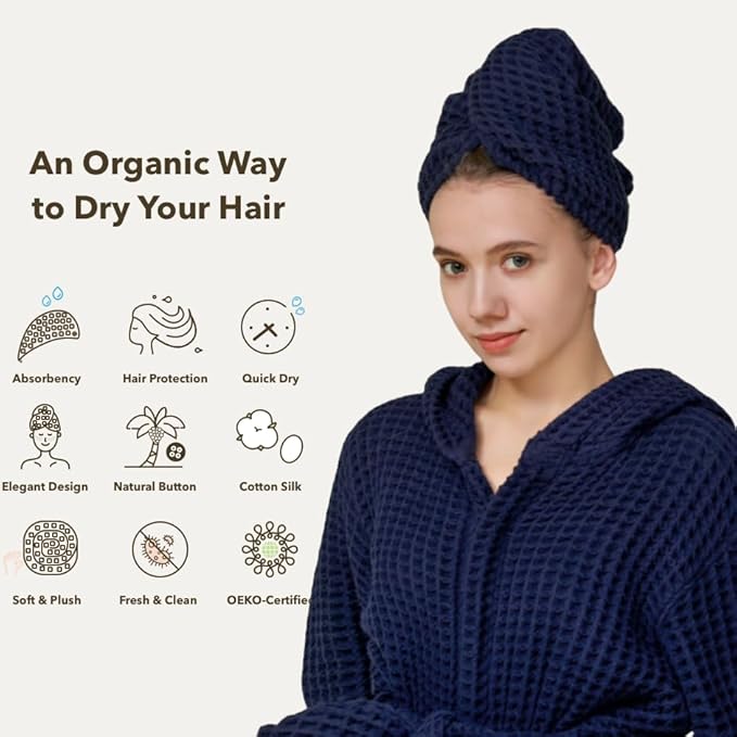 Luxury Organic Japanese Cotton Hair Drying Waffle Towel Wrap for Women | Absorbent, Quick-Dry Head Turban for Shower, Sauna, Spa | Extra Large for Long, Curly, Straight Hair With Button (Blue, 2 Pc)