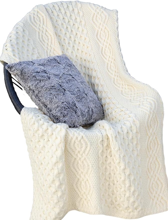SAOL Honeycomb and Cable Knit Patterns 100% Irish Merino Wool Aran Throw/Blanket 60 x 40 inches (Natural)