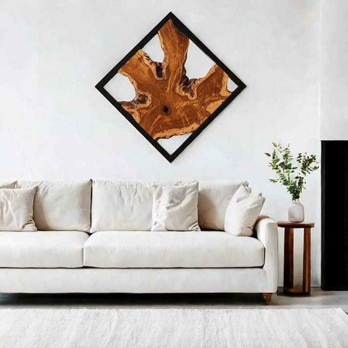 Warmaxx Teak Wood Wall Art 16.9"x16.9" Rustic Farmhouse Natural Wood Decor Home Office Dorm Square Handmade Live Edge Brown Wooden Wall Décor Living Room Bedroom Hallway