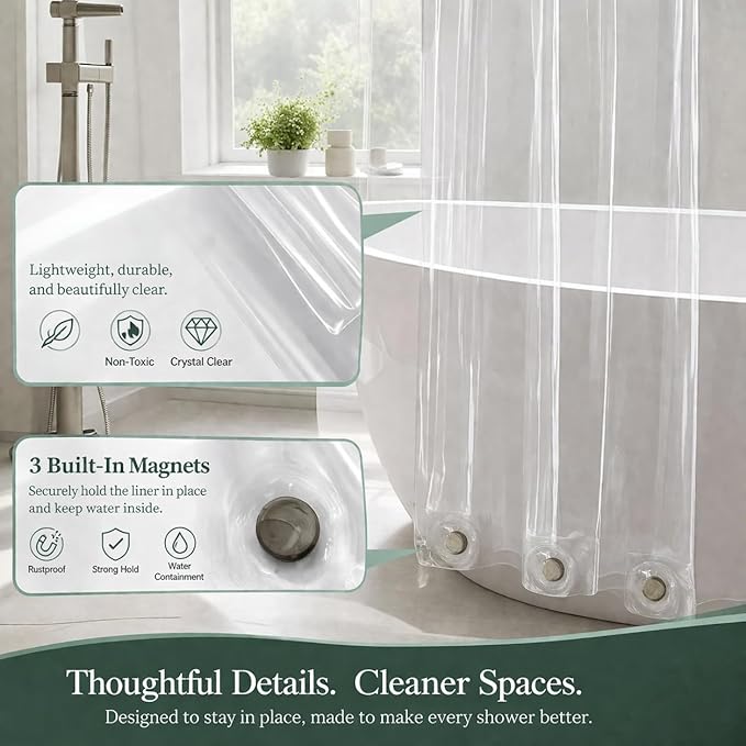 EHZNZIE Crystal Clear Shower Curtain Liner 54x78, PEVA Waterproof Bath Curtain, No Chemical Smell, 3 Weighted Magnets, Durable with Rustproof Metal Grommets