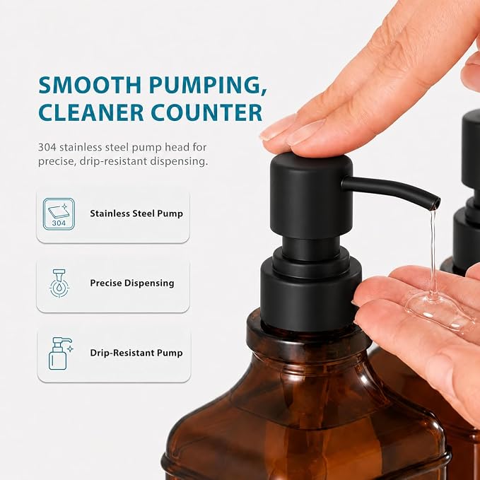 Glass Countertop Soap Dispenser Set: Modunful M1 DM2670 Amber 2 Pack 16.9oz | Anti-leak Stainless Steel Pump, Bamboo Tray, Silicone Funnel,60 Waterproof Residue Free Labels, Bathroom Decor
