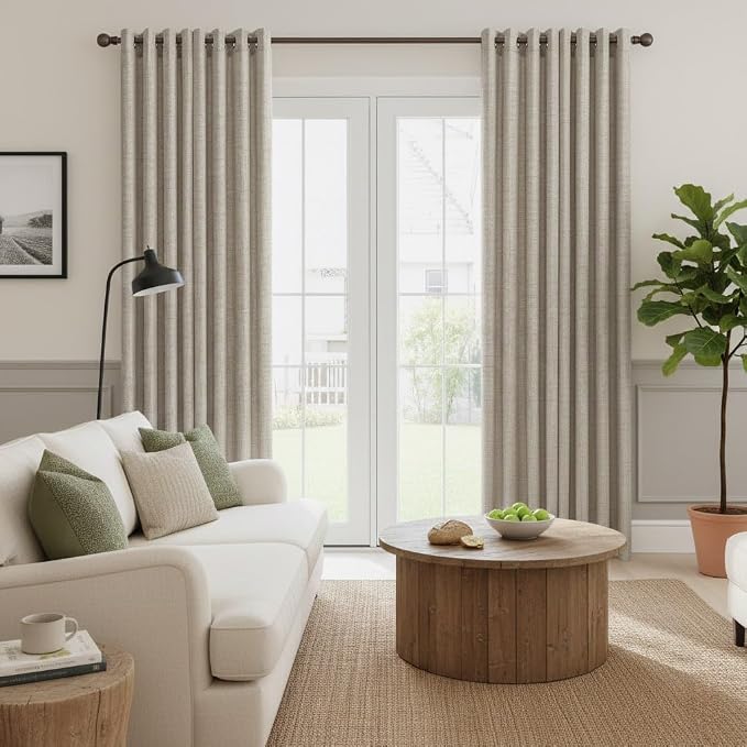 NICETOWN Linen Curtains 96 Inches Long for Living Room, Rustic Light Filtering Grommet Top Semi Sheer Curtain Linen Textured Drapes Burlap Look for Bedroom Window, 52" W x 96" L, 2 Panels