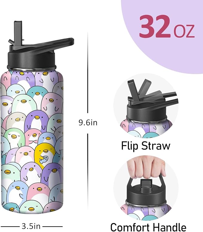 32oz Penguin Water Bottle with Handle and Flip Straw, Animal Sports Stainless Steel Insulated Cup Travel Coffee Mug Tumbler, Birthday Mothers Day Chritmas Gifts for Women