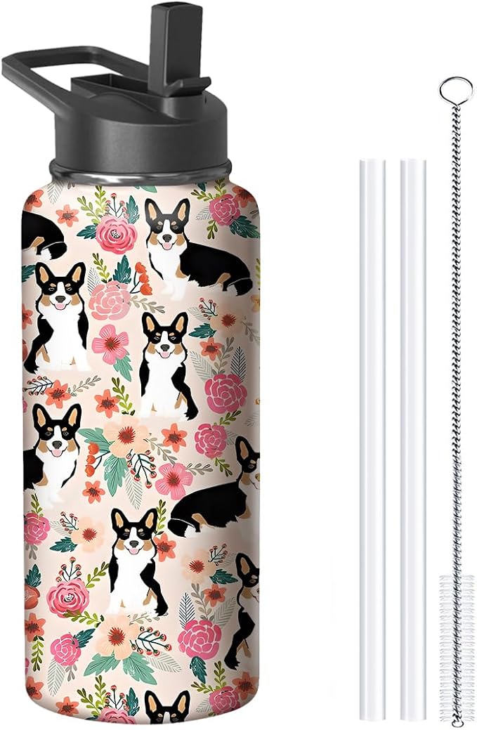 18oz Corgi Water Bottle with Handle and Flip Straw, Dog Animal Sports Stainless Steel Insulated Cup Travel Coffee Mug Tumbler, Birthday Mothers Day Chritmas Gifts for Women