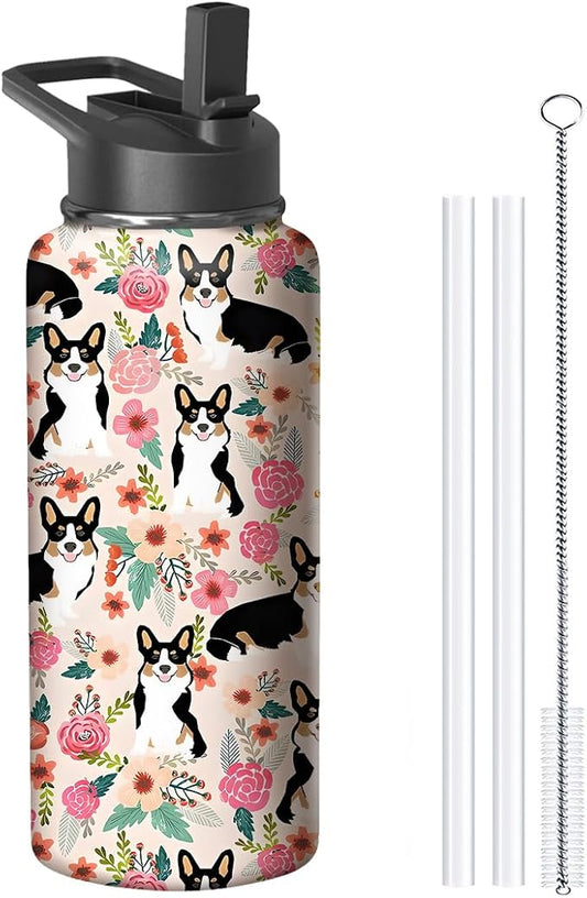18oz Corgi Water Bottle with Handle and Flip Straw, Dog Animal Sports Stainless Steel Insulated Cup Travel Coffee Mug Tumbler, Birthday Mothers Day Chritmas Gifts for Women