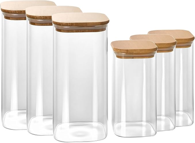 6pcs Large Glass Food Storage Containers with Bamboo Lids | 68 ounces (set of 3) and 32 ounces (set of 3) for storing overnight oats, coffee, spices, candies, flour, etc.,