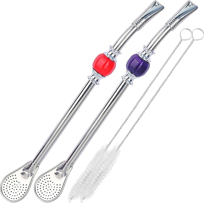 Premium Yerba Mate straws,Reusable stainless steel Bombilla Mate straw, with colorful beads - Bombilla for Mate gourd drinking and Bombilla set accessories, with removable head filter (Red and Purple)