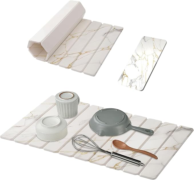 2-Pack Diatomaceous Earth Dish Drying Mat, Fast-Absorbing Stone Drying Mat for Kitchen Counter, Foldable Quick-Dry Dish Mat for Kitchen, Bathroom Sink(gold)
