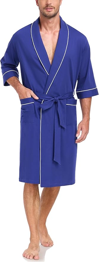 COLORFULLEAF 100% Cotton Men’s Summer Bathrobe Lightweight & Breathable Short Sleeve Kimono Robe with Pockets