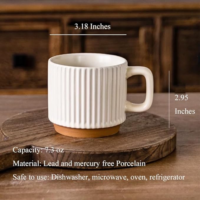 Artisanal Ceramic Mug & Walnut Saucer Set for Coffee Latte, Cappuccino Espresso Tea - 8.3oz/250ml Textured Coffee Cup with Wood Saucer, Dishwasher & Microwave Safe Gift