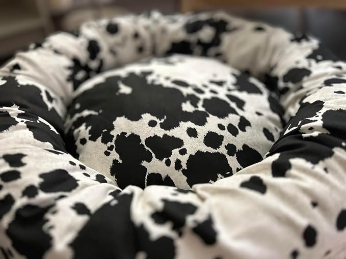 Organic Cotton Canvas Dog Bed: Removable Cover, Natural Fill - Made in USA (Cow Print Black White, Large 35" x 8" inches)