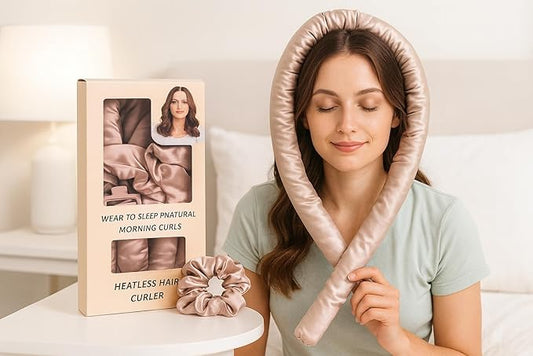 Heatless Hair Curler Set for Women - Satin No-Heat Curling Rod with 2 Scrunchies & Hair Clip, Overnight Heatless Curls for All Hair Types (Pink)