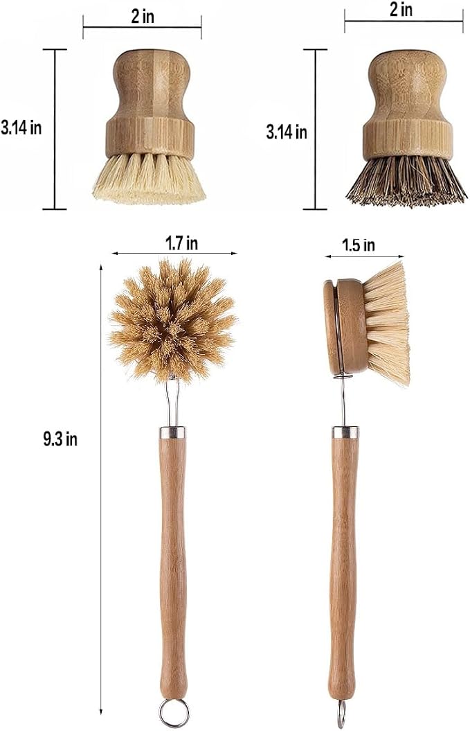 Wooden Dish Brush Set Clean Pots Bamboo Dish Brush - 1 Long Handle Dish Brush and 2 Palm Scrubbing Brush Scrub Brush for Pots, Pans & Dishes,Plastic Free Washing Up, Zero Waste Cleaning (3 Pack)