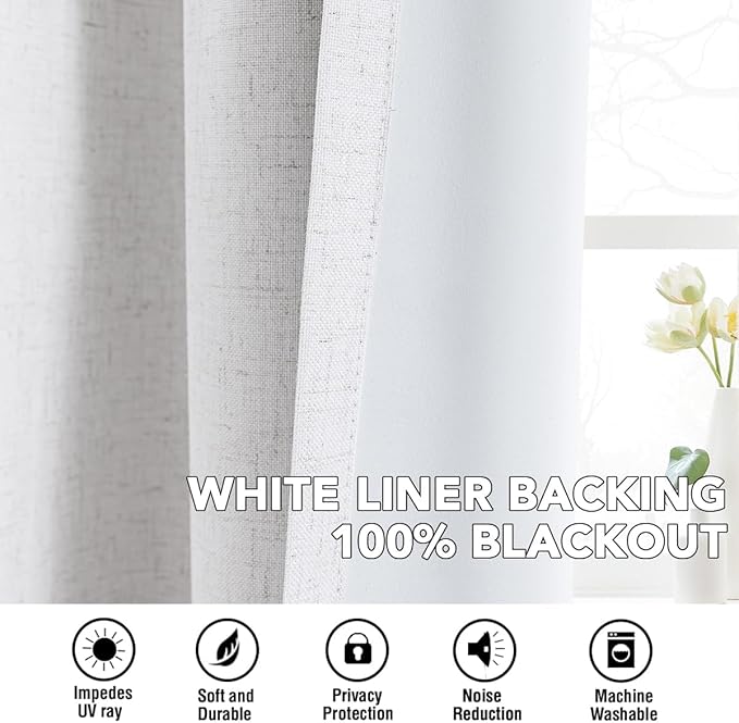 H.VERSAILTEX Linen Curtains 100% Blackout Curtains for Bedroom 90 inch Long Full Light Blocking Nature Linen Blended Window Curtains for Living Room Nickel Grommet (2 Panels, Heathered White)
