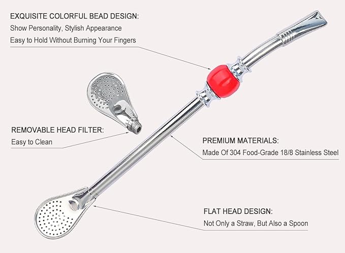Premium Yerba Mate Straws - Reusable Stainless Steel Bombilla Straw with Colorful Beads - Set with Removable Head Filter (Red)