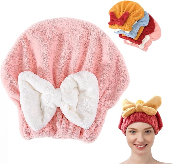 Super Absorbent Hair Towel Wrap for Wet Hair, 2026 New Microfiber Hair Towel Wrap Women Quick-Drying Hair Towels, Soft Bow Tie Wet Hair Towels Wrap for Women Accessories (Pink, 10.7inch)